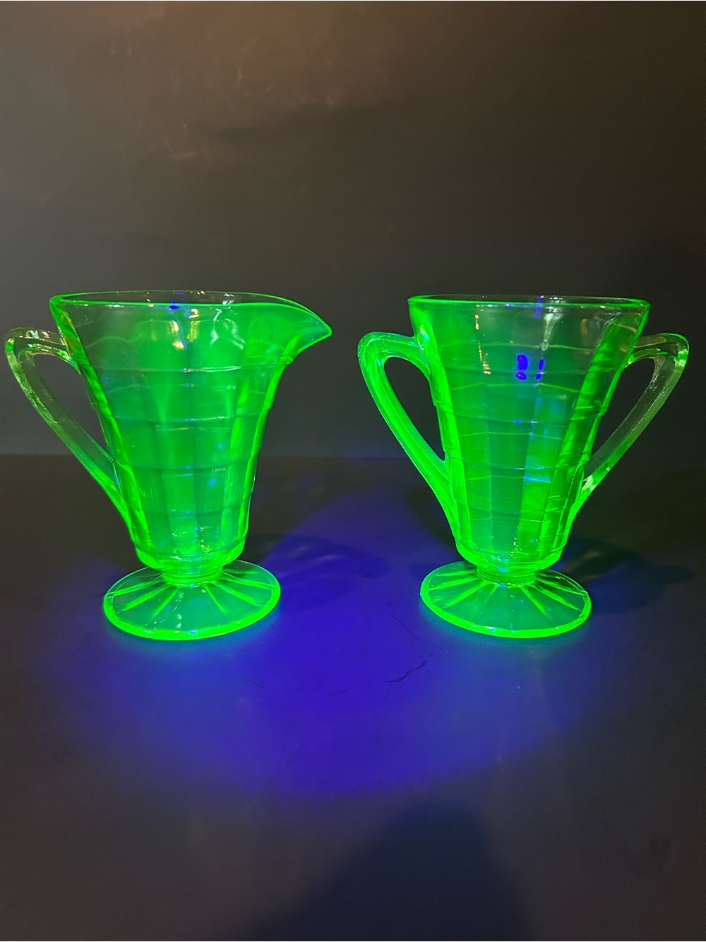 Anchor Hocking Black Optic Vaseline Uranium Glass Creamer and Sugar Set